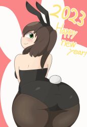 Rule 34 | 2023, animated, animated gif, ass, breasts, brown hair, from behind, green eyes, happy new year, heart, leotard, looking at viewer, looking back, manorea, medium breasts, new year, original, playboy bunny, plump, smile, taut clothes, thick thighs, thighs, tight clothes, wide hips