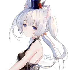 Rule 34 | 1girl, animal ears, bare shoulders, black dress, black feathers, black hat, blue eyes, bow, breasts, brown bow, cat ears, dated, dress, feathers, flower, from side, hair bow, hat, hat feather, hat flower, highres, long hair, looking at viewer, looking to the side, mini hat, mini top hat, ookamisama, original, parted lips, red flower, red rose, rose, silver hair, simple background, sleeveless, sleeveless dress, small breasts, solo, top hat, twintails, upper body, white background