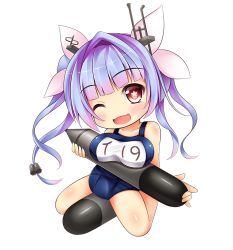 Rule 34 | 10s, 1girl, bad id, bad pixiv id, blue hair, breasts, chibi, fangs, greenteaneko, hair ribbon, i-19 (kancolle), kantai collection, large breasts, long hair, name tag, one-piece swimsuit, one eye closed, open mouth, red eyes, ribbon, school swimsuit, solo, star-shaped pupils, star (symbol), submarine, swimsuit, symbol-shaped pupils, transparent background, twintails, watercraft, white background, wink