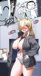 Rule 34 | !?, 1boy, 1girl, absurdres, animal ears, areola slip, doodle sensei (blue archive), bag, between breasts, blonde hair, blue archive, blue eyes, blue halo, blue necktie, blush, breasts, calvin klein, collarbone, commentary, cowboy shot, cup, desk, dog ears, door, english commentary, english text, engrish commentary, grey jacket, grey panties, hair over one eye, halo, highres, hitch (perotoss), holding, holding bag, holding cup, huge breasts, indoors, jacket, kanna (blue archive), large breasts, long bangs, long hair, long sleeves, monitor, navel, necktie, necktie between breasts, open mouth, paid reward available, panties, sensei (blue archive), sharp teeth, sweat, teeth, thighs, underwear