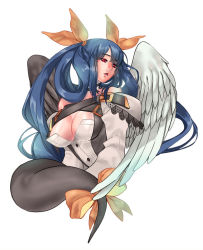 Rule 34 | 1girl, :o, artist name, bare shoulders, blue hair, breasts, cleavage, cowboy shot, dizzy (guilty gear), featherism (yuna), guilty gear, hair ribbon, large breasts, long hair, long sleeves, looking away, open mouth, red eyes, ribbon, simple background, solo, tail, twintails, upper body, wings