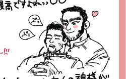 Rule 34 | 2boys, bara, beard stubble, blush stickers, buzz cut, couple, cropped torso, facial hair, golden kamuy, greyscale with colored background, happy, heads together, heart, hug, hug from behind, interlocked fingers, kasuke (li tgknk), loose hair strand, male focus, mature male, monochrome, multiple boys, ogata hyakunosuke, own hands together, short hair, sketch, sleeping, spot color, stubble, tanigaki genjirou, thick eyebrows, translation request, very short hair, yaoi