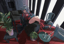 Rule 34 | 1girl, absurdres, ahoge, animal ear fluff, animal ears, arknights, black footwear, black hair, black jacket, black shorts, bottle, breasts, chair, closed mouth, collared shirt, couch, full body, green necktie, highres, indoors, jacket, leg warmers, long hair, long sleeves, looking at viewer, lying, medium breasts, necktie, official alternate costume, on back, open clothes, open jacket, plant, ponytail, potted plant, red eyes, red shirt, roncele, shirt, shoes, shorts, sidelocks, solo, striped clothes, striped shorts, sword, table, texas (arknights), texas (willpower) (arknights), vertical-striped clothes, vertical-striped shorts, watch, weapon, wolf ears, wristwatch