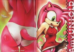 Rule 34 | absurdres, amy rose, artist request, ass, clothes lift, covered erect nipples, dress, dress lift, furry, green eyes, highres, panties, sonic (series), underwear, white panties, wind, wind lift