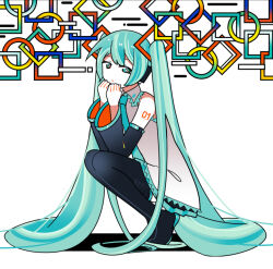 Rule 34 | 1girl, aqua eyes, aqua hair, aqua necktie, arm tattoo, bare shoulders, black footwear, black skirt, black sleeves, boots, circle, closed mouth, collared shirt, colored shoe soles, colorful, detached sleeves, from side, full body, grey shirt, hair ornament, hatsune miku, long hair, long sleeves, looking at viewer, looking to the side, machigami yoh, miniskirt, necktie, number tattoo, own hands together, shapes, shirt, simple background, skirt, sleeveless, sleeveless shirt, solo, square, squatting, straight hair, tattoo, thigh boots, twintails, very long hair, vocaloid, white background, wide sleeves