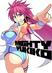 Rule 34 | 1girl, blue leotard, breasts, cleavage, kupala, large breasts, leotard, long hair, mighty yukiko, open mouth, pink hair, purple eyes, smile, solo, wrestle angels, wrestle angels survivor, wrestling, wrestling outfit, wristband