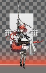 Rule 34 | 1girl, animal ears, arknights, armor, armored boots, black skirt, boots, brown eyes, checkered background, ear covers, flametail (arknights), gamepix, gauntlets, grey background, grey legwear, hand up, highres, holding, holding sword, holding weapon, long hair, looking at viewer, pixel art, pouch, red hair, skirt, solo, squirrel ears, squirrel girl, squirrel tail, sword, tail, thigh strap, weapon