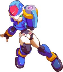 Rule 34 | aile (mega man zx), archived source, arm cannon, armor, black bodysuit, blue armor, blue footwear, blue helmet, bodysuit, boots, crotch plate, energy gun, forehead jewel, green eyes, helmet, highres, makoto yabe, mega man (series), mega man zx, model x (mega man), official art, power armor, powering up, simple background, solo, weapon, white background
