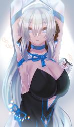 Rule 34 | 1girl, akio (akio1124), armpits, arms behind head, arms up, bad id, bad pixiv id, black bow, black dress, blue eyes, bow, braid, breasts, cernunnos (fate), cleavage, dress, fate/grand order, fate (series), french braid, grey hair, hair bow, highres, large breasts, long hair, long sleeves, looking at viewer, morgan le fay (fate), open mouth, ponytail, sidelocks, thighs, two-tone dress, very long hair, white dress, wide sleeves