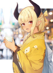 Rule 34 | 1girl, absurdres, blurry, blurry background, blush, bokeh, braid, braided ponytail, breath, cup, dark-skinned female, dark skin, depth of field, hands up, highres, holding, holding cup, horns, isana615, japanese clothes, kimono, long sleeves, looking at another, looking to the side, open mouth, original, pointy ears, red eyes, solo, upper body, yellow kimono