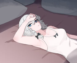 Rule 34 | 1girl, armpits, black bow, blue eyes, bow, braid, breasts, cleavage, commentary, english commentary, grey hair, highres, izayoi sakuya, large breasts, looking at viewer, mata (matasoup), serious, shirt, short hair, solo, touhou, twin braids, white shirt