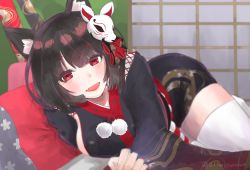 Rule 34 | after suko, animal ear fluff, animal ears, azur lane, black hair, bob cut, breasts, cat ears, cat mask, highres, indoors, japanese clothes, large breasts, mask, open mouth, pom pom (clothes), red eyes, sideboob, solo, thighhighs, white thighhighs, yamashiro (azur lane)