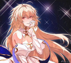 Rule 34 | 1girl, archetype earth, arcueid brunestud, bare shoulders, blonde hair, blush, breasts, cleavage, detached collar, detached sleeves, dot818, dress, fate/grand order, fate (series), gloves, grin, large breasts, long hair, long skirt, looking at viewer, red eyes, skirt, sky, smile, solo, sparkle, star (sky), starry sky, tsukihime, very long hair, white dress, white gloves