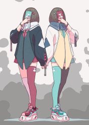 Rule 34 | 2girls, absurdres, aqua footwear, aqua skirt, aqua thighhighs, asymmetrical legwear, black jacket, black thighhighs, brown hair, commentary request, covered face, drawstring, full body, grey background, hair ornament, hairclip, hand up, highres, holding, holding phone, jacket, ligne claire, long sleeves, loose thighhigh, medium hair, mismatched legwear, multiple girls, norikoi, original, palette swap, phone, pinstripe pattern, pleated skirt, puffy long sleeves, puffy sleeves, red footwear, red skirt, red thighhighs, shoes, skirt, sneakers, solo, standing, striped, symmetrical pose, thighhighs, white jacket, white thighhighs, wristband