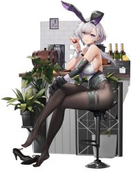 Rule 34 | 1girl, alcohol, animal ears, azur lane, bar (place), black footwear, black gloves, black pantyhose, breasts, crossed legs, elbow gloves, fake animal ears, unworn footwear, from side, gloves, grey hair, high heels, highres, large breasts, leotard, looking at viewer, official alternate costume, official art, pandea work, pantyhose, plant, playboy bunny, potted plant, purple eyes, rabbit ears, reno (azur lane), reno (reno bunnino) (azur lane), shoes, unworn shoes, short hair with long locks, sideboob, single elbow glove, sitting, skindentation, sleeveless, solo, thigh strap, transparent background, wrist cuffs