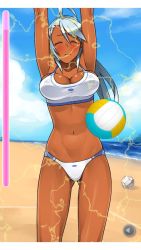 Rule 34 | 1girl, artist request, ball, beach, beachvolley, bikini, breasts, dark-skinned female, dark skin, large breasts, long hair, ponytail, silver hair, solo, swimsuit, volleyball, volleyball (object)