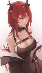 Rule 34 | 1girl, arknights, bad id, bad pixiv id, bare shoulders, belt, black belt, black dress, breasts, cleavage, commentary, detached collar, dress, gradient background, grey background, hair between eyes, highres, horns, large breasts, purple eyes, red hair, revision, rifu (643763873), solo, surtr (arknights), upper body
