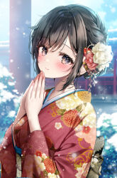 Rule 34 | 1girl, architecture, blush, breasts, brown eyes, brown hair, bush, closed mouth, day, dot nose, east asian architecture, floral print, flower, hair flower, hair intakes, hair ornament, hands up, highres, japanese clothes, kanzashi, kimono, long sleeves, looking at viewer, obi, original, outdoors, own hands together, print kimono, red flower, red kimono, sash, short hair with long locks, shrine, sidelocks, small breasts, smile, snowing, solo, swept bangs, upper body, white flower, wide sleeves, yugirlpict