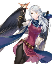 Rule 34 | 1girl, bare shoulders, belt, bird, black gloves, black pantyhose, black wings, blue scarf, book, bracelet, breasts, brown belt, commentary request, cowboy shot, dress, elbow gloves, feathered wings, fire emblem, fire emblem: radiant dawn, gloves, hand up, highres, holding, holding book, jewelry, jnsghsi, long hair, medium breasts, micaiah (fire emblem), nintendo, pantyhose, parted lips, purple dress, scarf, short dress, sidelocks, silver hair, simple background, standing, thighs, white background, wings, yellow eyes, yune (fire emblem)