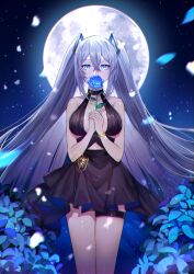 Rule 34 | absurdres, azur lane, bare shoulders, black dress, blue eyes, blue flower, blue rose, blue theme, breasts, cleavage, commission, commissioner upload, covering own mouth, dress, essex (azur lane), essex (craft fairytail) (azur lane), expressionless, falling petals, flower, full moon, grey hair, hair ornament, highres, intrepid (azur lane), large breasts, long hair, looking at viewer, md5 mismatch, moon, night, night sky, petals, resolution mismatch, rose, sagta panggang, sky, source smaller, straight-on, thigh strap, thighs, twintails, wristband