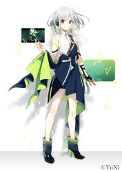 Rule 34 | 1girl, black footwear, black gloves, black nails, blue dress, boots, braid, closed mouth, collarbone, commentary request, covered collarbone, dress, fingerless gloves, full body, gloves, green hair, hand up, high heel boots, high heels, highres, long sleeves, looking at viewer, multicolored hair, multicolored nails, nail polish, pleated dress, purple eyes, red nails, sakuragi ren, shirt, silver hair, single glove, sleeveless, sleeveless shirt, smile, solo, standing, streaked hair, virtual youtuber, white background, white shirt, yuni (yuni channel), yuni channel