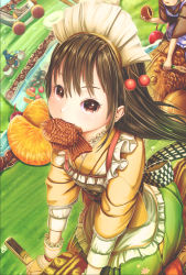Rule 34 | 1girl, 3others, :t, aiuabo, apron, back bow, black eyes, black hair, bow, bridal gauntlets, checkered bow, checkered clothes, cherry, cherry hair ornament, commentary request, eating, food, food-themed hair ornament, food in mouth, frilled apron, frills, fruit, grass, green skirt, hair ornament, holding, long sleeves, looking at viewer, maid, maid headdress, motor vehicle, mouth hold, multiple others, orange (fruit), orange slice, original, outdoors, pond, racing, riding, sash, shirt, skirt, solo focus, taiyaki, wagashi, yellow shirt