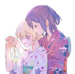 Rule 34 | 2girls, :d, bang dream!, blonde hair, floral print, hair up, half updo, hand on another&#039;s hand, hand on another&#039;s stomach, holding, japanese clothes, kimono, multiple girls, obi, open mouth, purple eyes, purple hair, red eyes, red kimono, sash, seri (vyrlw), seta kaoru, shirasagi chisato, simple background, smile, upper body, white background, white kimono, wide sleeves, wind chime, yuri