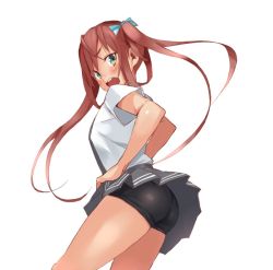 Rule 34 | 1girl, asagumo (kancolle), ass, black panties, blush, cowboy shot, from side, fumikiri, green eyes, grey skirt, hair tie, hands on own hips, kantai collection, long hair, looking at viewer, open mouth, panties, pantyshot, pleated skirt, red hair, shirt, short sleeves, simple background, skindentation, skirt, solo, standing, thighhighs, twintails, underwear, upper body, very long hair, white background, white shirt