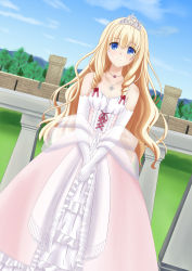 Rule 34 | 1girl, absurdres, amagi brilliant park, blonde hair, blue eyes, blue sky, breasts, cleavage, collarbone, day, diadem, dress, dutch angle, elbow gloves, gloves, highres, jewelry, latifa fleuranza, long dress, long hair, looking at viewer, necklace, outdoors, own hands together, sky, sleeveless, sleeveless dress, small breasts, solo, urushikuro no hitomi, very long hair, white gloves