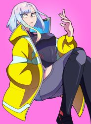 Rule 34 | absurdres, bare shoulders, bodysuit, breasts, coat, cyberpunk, cyberpunk (series), cyberpunk edgerunners, highres, looking to the side, lucy (cyberpunk), maejpg ., multicolored hair, open clothes, open coat, short shorts, shorts, yellow coat