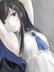 Rule 34 | 1girl, armpits, arms up, black hair, blue eyes, blue hair, blue ribbon, brooch, cevio, closed mouth, collared dress, colored inner hair, commentary, dress, expressionless, futaba minato, grey background, hair ornament, hairclip, highres, jewelry, long hair, looking at viewer, looking to the side, mejiro-su, multicolored hair, neck ribbon, pale skin, ribbon, simple background, sleeveless, sleeveless dress, solo, swept bangs, upper body, white dress