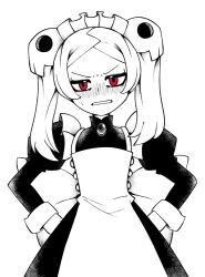 Rule 34 | 1girl, apron, bloody marie (skullgirls), blush, brooch, dress, facing viewer, frilled apron, frills, frown, greyscale, hair ornament, hands on own hips, highres, its hiroshi, jewelry, juliet sleeves, long sleeves, looking at viewer, maid headdress, monochrome, puffy sleeves, red eyes, skull hair ornament, skullgirls, solo, sweat, twintails