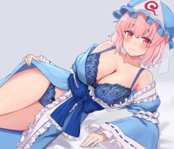 Rule 34 | 1girl, blue background, blue bow, blue bra, blue dress, blue headwear, blue panties, bow, bra, breasts, cleavage, dress, forneus 0, highres, large breasts, lingerie, looking at viewer, panties, pink eyes, pink hair, saigyouji yuyuko, sitting, smile, solo, thighs, touhou, underwear