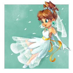 Rule 34 | 1girl, alternate costume, alternate hairstyle, aqua background, bare shoulders, breasts, detached sleeves, dress, earrings, falling petals, framed, highres, jewelry, lips, mario (series), nintendo, petals, princess daisy, small breasts, smile, suedoodle, super mario land, veil, wedding dress