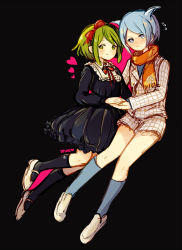 Rule 34 | 1boy, 1girl, black background, black dress, black footwear, blue eyes, blue footwear, blue hair, blush, bow, bowtie, child, danganronpa (series), danganronpa another episode: ultra despair girls, dress, ears, full body, green eyes, green hair, hair between eyes, hair horns, hairband, headband, heart, highres, holding hands, jacket, khee, looking at viewer, mary janes, matching hair/eyes, neck ribbon, nose, orange scarf, parted bangs, plaid, plaid jacket, plaid shorts, red bow, red hairband, red headband, red headwear, red ribbon, ribbon, scarf, shingetsu nagisa, shiny clothes, shoes, shorts, simple background, smile, towa monaca, white footwear, white shorts