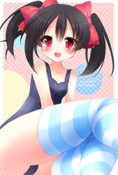 Rule 34 | 10s, 1girl, :d, black hair, long hair, love live!, love live! school idol project, open mouth, red eyes, school swimsuit, smile, solo, striped clothes, striped thighhighs, swimsuit, thighhighs, twintails, yazawa nico, yukiji shia