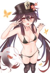 Rule 34 | 1girl, absurdres, bare shoulders, bikini, black bikini, black headwear, black nails, black thighhighs, breasts, collarbone, commentary, dot nose, flower, genshin impact, ghost, hair between eyes, hands up, hat, hat flower, hayasaka (a865675167774), highres, hu tao (genshin impact), jewelry, long hair, looking at viewer, low twintails, nail polish, navel, open mouth, revision, ring, side-tie bikini bottom, simple background, standing, string bikini, swimsuit, symbol-shaped pupils, thigh gap, thighhighs, thighs, twintails, underboob, v, very long hair, w, white background