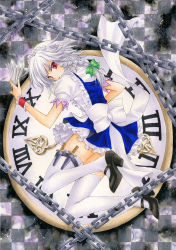 Rule 34 | 1girl, aoi yuuka (ao no kokoro), braid, chain, checkered background, clock, female focus, high heels, holster, izayoi sakuya, knife, looking at viewer, marker (medium), red eyes, shoes, silver hair, solo, thigh holster, thighhighs, touhou, traditional media, twin braids, white thighhighs