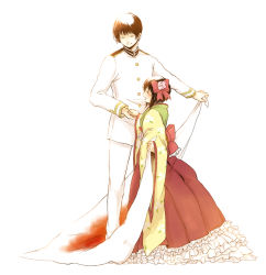 Rule 34 | 1boy, 1girl, adapted costume, axis powers hetalia, bad id, bad pixiv id, black hair, buttons, closed eyes, clothes, couple, crossover, flower, frilled skirt, frills, hair flower, hair ornament, hetero, hieda no akyuu, holding hands, japan (hetalia), japanese clothes, kimono, kono sanorou, military, military uniform, open mouth, short hair, simple background, skirt, smile, touhou, uniform, white background, wide sleeves
