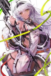 Rule 34 | 1girl, barcode, barcode tattoo, bare shoulders, black panties, clothing request, commentary request, dark-skinned female, dark skin, flat chest, frown, goomrrat, green ribbon, grey hair, highres, holding, holding weapon, jacket, looking at viewer, orange eyes, original, panties, ribbon, solo, tattoo, underwear, weapon, white jacket, wide sleeves