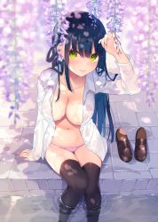 Rule 34 | 1girl, arm up, bekotarou, black thighhighs, blue hair, blurry, breasts, cleavage, collarbone, collared shirt, commentary request, depth of field, flower, green eyes, highres, large breasts, loafers, long hair, looking at viewer, navel, no bra, no pants, open clothes, open shirt, original, purple flower, shirt, shoes, sidelocks, sitting, smile, solo, stomach, thighhighs, water, wet, white shirt, wisteria