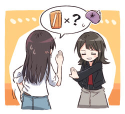 Rule 34 | 2girls, arm behind back, bang dream!, bang dream! it&#039;s mygo!!!!!, black hair, black jacket, blue skirt, blush, blush visible through hair, brown hair, bullfalk, closed eyes, coin purse, commentary request, facing another, grey skirt, grin, hand on own hip, highres, jacket, juice box, long hair, long sleeves, medium hair, multiple girls, nagasaki soyo, orange background, outstretched arm, red shirt, shirt, sidelocks, skirt, sleeves rolled up, smile, spoken object, stop (gesture), sweatdrop, white background, white shirt, yahata umiri