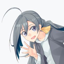 Rule 34 | 1girl, ahoge, alternate costume, blue hair, grey eyes, grey hair, grey vest, kantai collection, kiyoshimo (kancolle), low twintails, multicolored hair, shirt, solo, twintails, two-tone hair, vest, white shirt