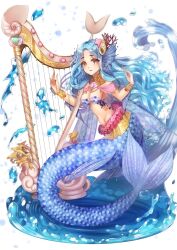 Rule 34 | 1girl, blue hair, breasts, bud (znehgneh2), fins, frills, hair ornament, harp, head fins, instrument, long hair, medium breasts, mermaid, monster girl, navel, original, scales, simple background, solo, water, waves, wavy hair, white background