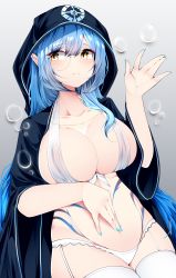 Rule 34 | 1girl, absurdres, bad hands, blue hair, blue nails, breasts, bubble, cleavage, frilled panties, frills, garter belt, gold necklace, hair between eyes, hand on own stomach, hand up, highres, hood, jewelry, kirara fantasia, large breasts, long hair, looking away, midriff, monocle, nail polish, necklace, no bra, panties, parted bangs, parted lips, pointy ears, samip, simple background, solo, tattoo, thighhighs, underwear, white panties, white thighhighs, yellow eyes, ||/