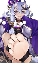 Rule 34 | 1girl, absurdres, blue hair, blush, fang, feet, female focus, foot focus, highres, looking at viewer, menthako, nijisanji, open mouth, purple eyes, rindou mikoto, skin fang, smile, soles, solo, toes, virtual youtuber