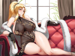 Rule 34 | 1girl, ahoge, barbariana (last origin), black gloves, blush, breasts, cho!cho!, couch, covered navel, curtains, dress, feather boa, folding fan, gloves, halter dress, halterneck, hand fan, highleg, highleg panties, highres, holding, holding fan, huge breasts, last origin, long hair, looking at viewer, official alternate costume, panties, parted lips, ponytail, side slit, skindentation, smile, solo, underwear, wide hips, window