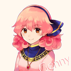 Rule 34 | artist name, beige background, brown eyes, character name, curly hair, fire emblem, genny (fire emblem), hairband, jewelry, kei-chan (atlas kei), necklace, nintendo, pink hair, portrait, simple background