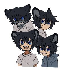 Rule 34 | 1boy, animal ears, black hair, blue eyes, body fur, child, clenched teeth, commentary, cropped torso, deviidog0, english commentary, fangs, furry, furry male, grey fur, grey shirt, hair between eyes, highres, hood, hoodie, lion ears, looking at viewer, male focus, multiple views, open mouth, original, shirt, short eyebrows, short hair, short sleeves, simple background, t-shirt, teeth, white background