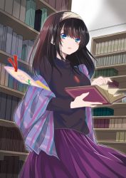 Rule 34 | 10s, 1girl, black hair, blue eyes, blush, book, bookmark, breasts, commentary request, hair between eyes, hairband, holding, holding book, idolmaster, idolmaster cinderella girls, jewelry, kelu., library, long hair, long sleeves, looking at viewer, necklace, open book, pendant, ribbed sweater, sagisawa fumika, shawl, smile, solo, sweater